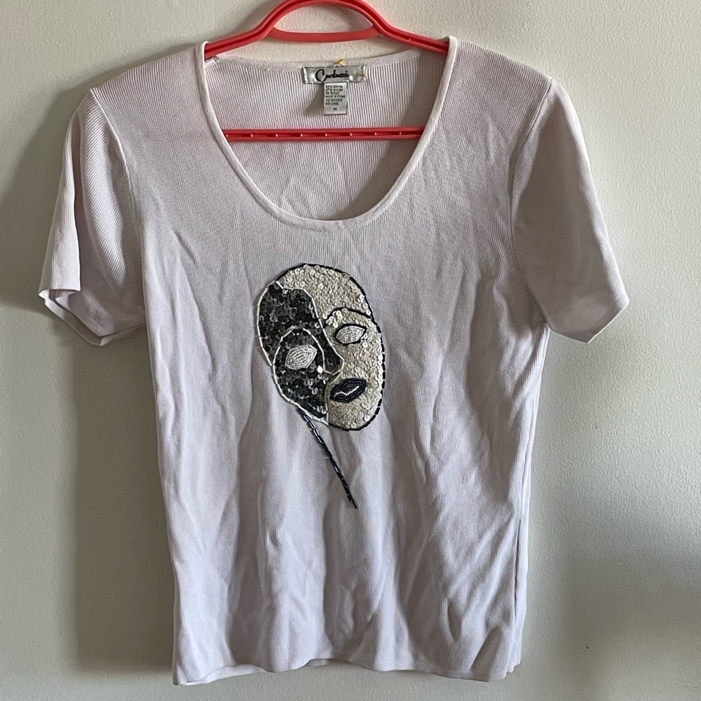 White Tee with Artistic Mask Design